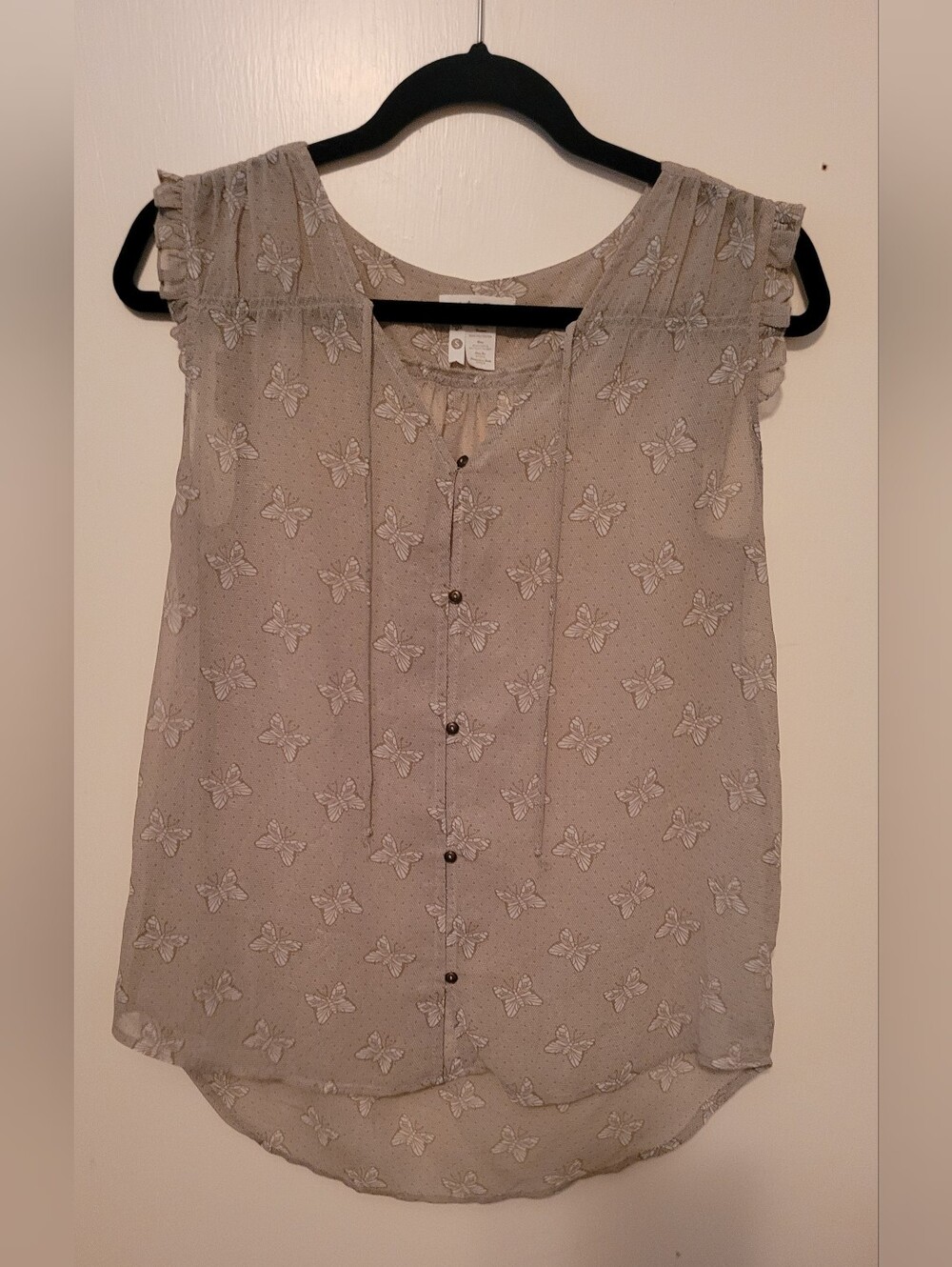 Matilda Jane Women's Beige Butterfly Print Chiffon Button Front Blouse Size Sm
